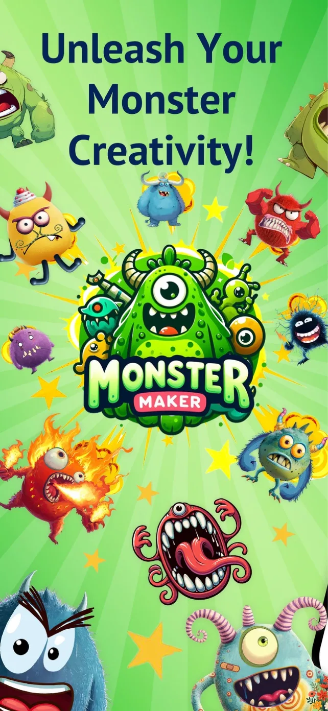 Monster Maker poster: the green one-eyed Monster Maker logo surrounded by a dozen wacky monsters — furry, fiery, horned and googly-eyed — under the words Unleash Your Monster Creativity