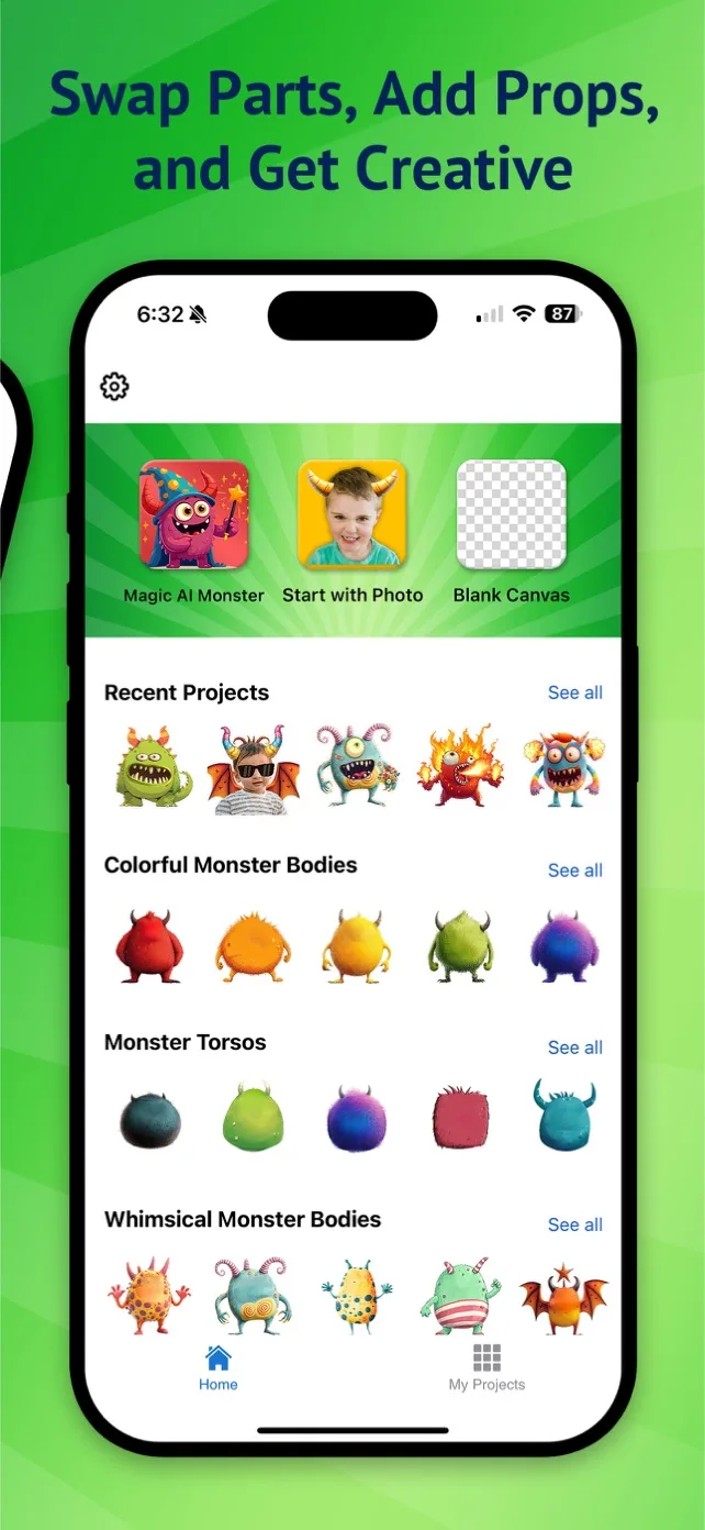 Monster Maker home screen with Magic AI Monster, Start with Photo and Blank Canvas options above galleries of recent projects, colorful monster bodies and monster torsos